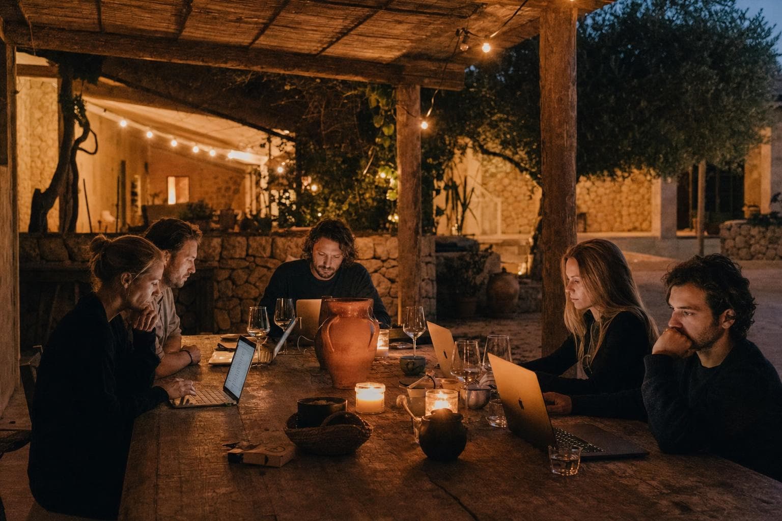 Abendliche Arbeits-Session unter einer Pergola mit Lichterketten und Kerzen