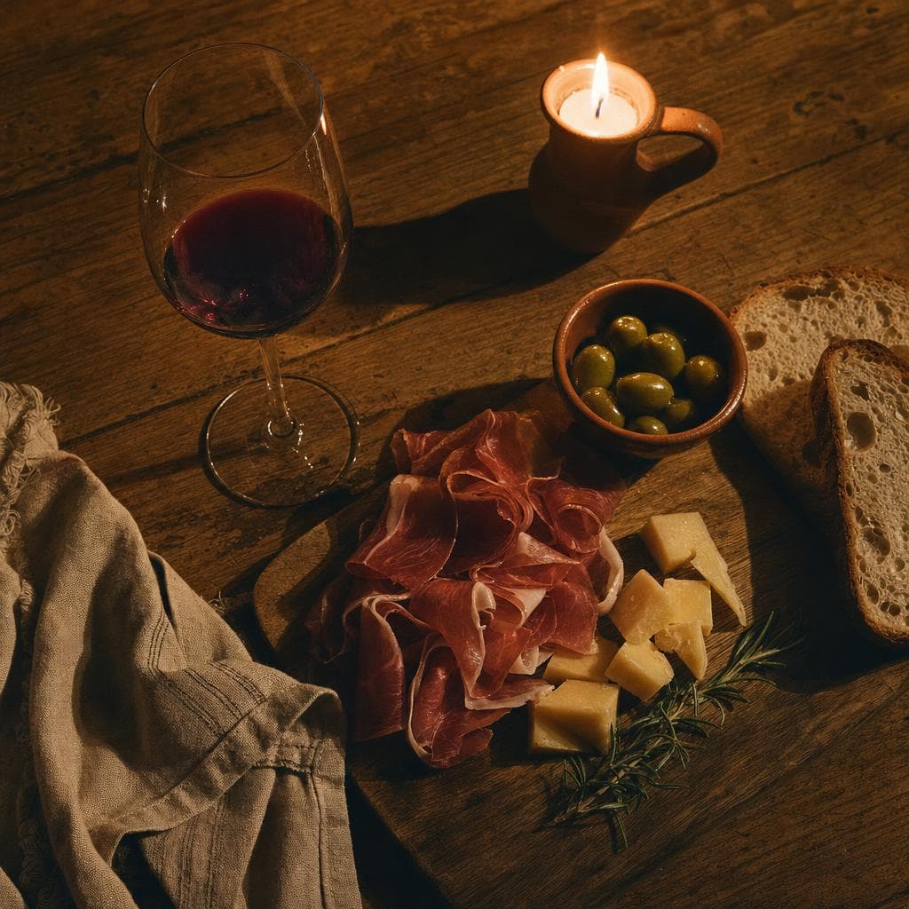 Wein, Manchego und Serrano auf einem Holzbrett bei Kerzenlicht
