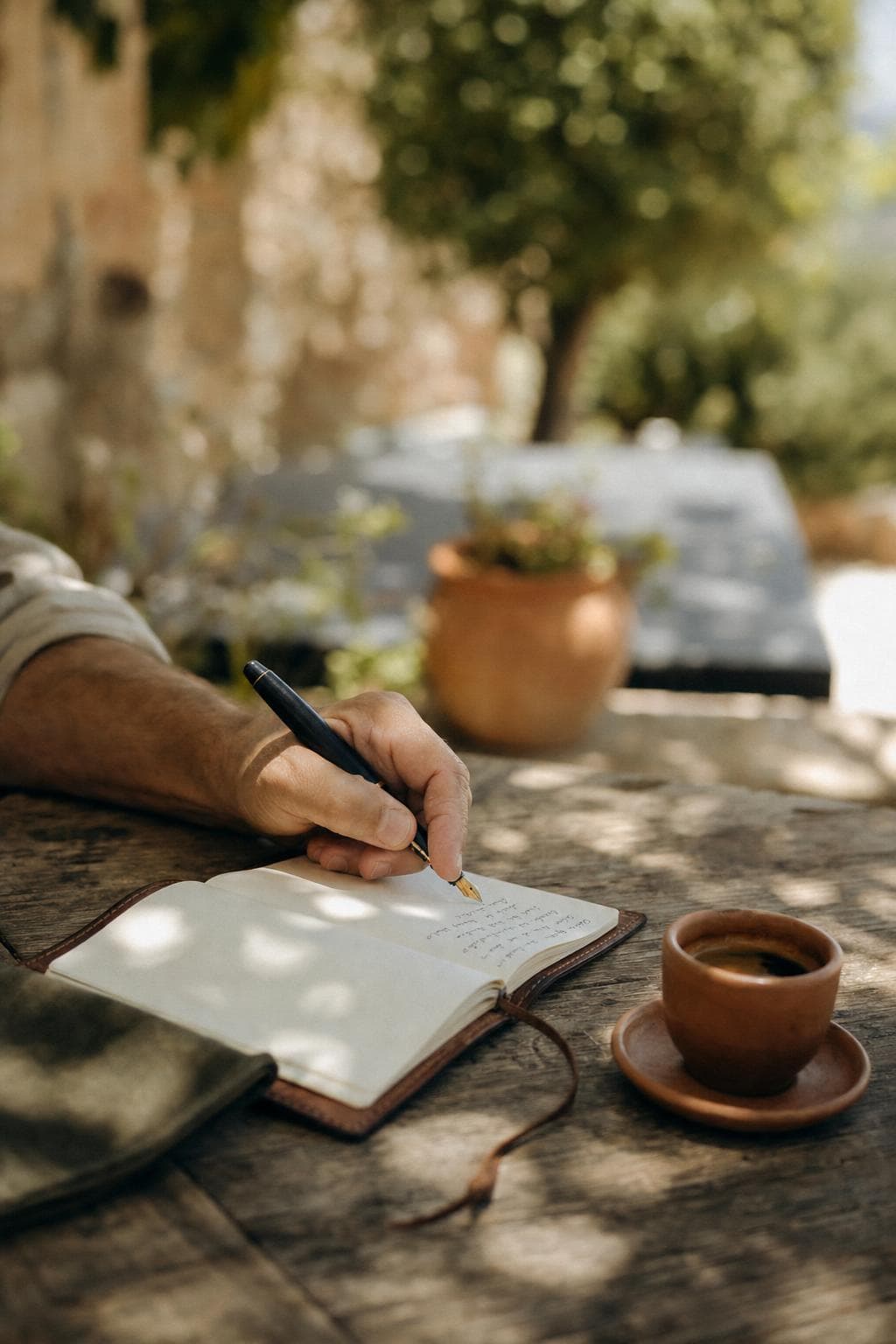 Hand schreibt mit Füller in einem Leder-Notizbuch, Espresso daneben