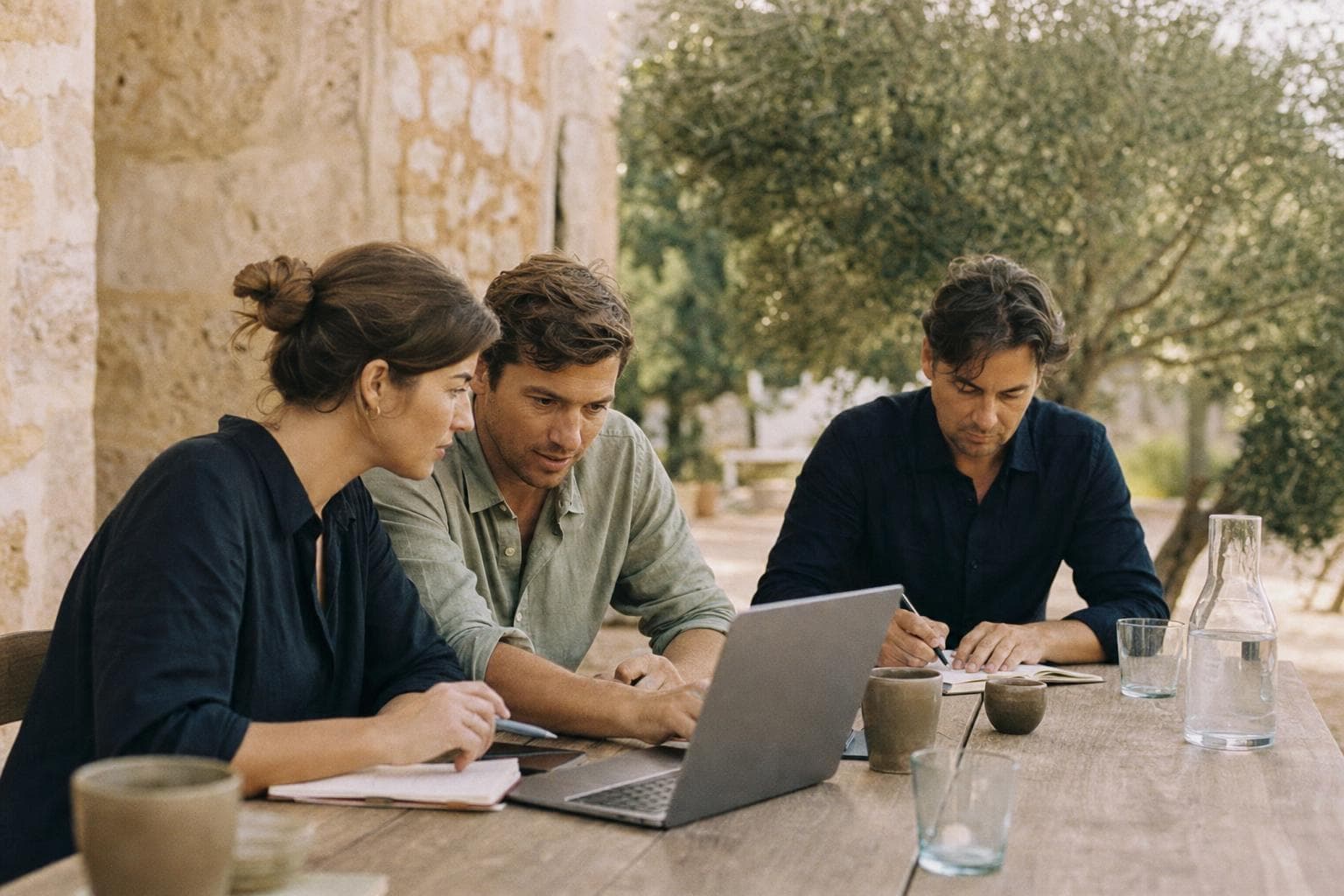 Ein Firmenteam arbeitet gemeinsam an einem langen Holztisch auf einer Finca-Terrasse auf Mallorca